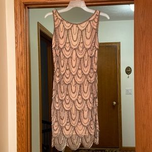Beaded tan scoop back dress